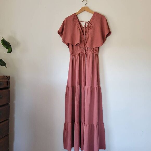 Simplee Dusty Rose Flutter Sleeve Tiered Maxi Dress Women’s Size S - Picture 4 of 8